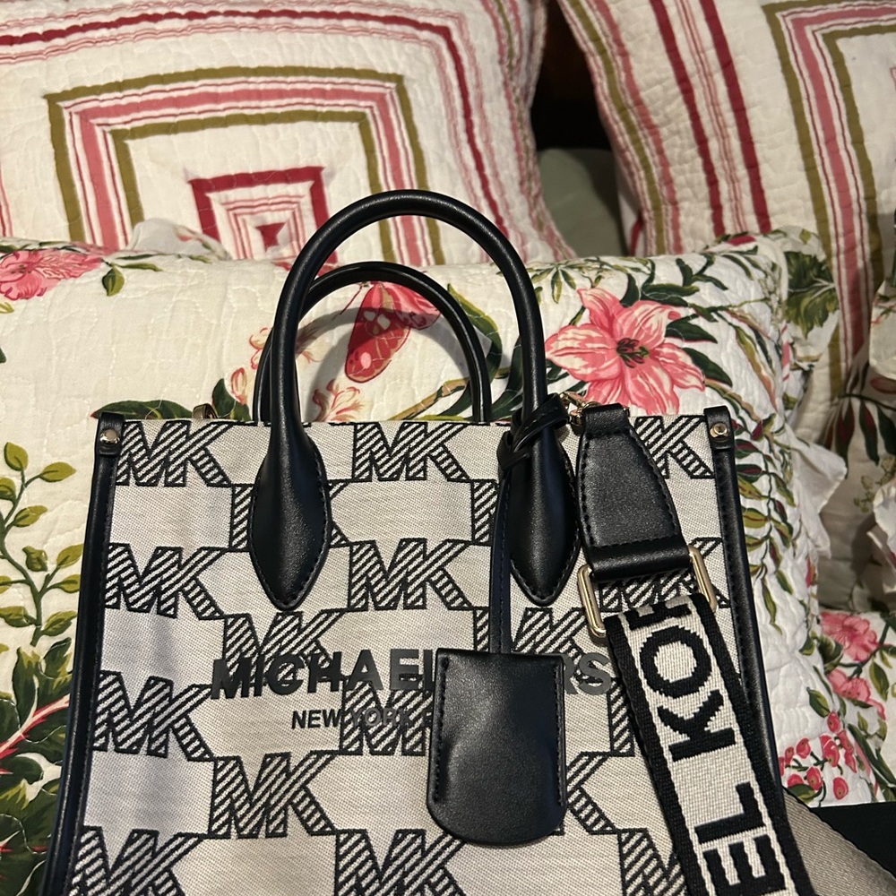 Michael Kors Black and Cream Tote Bag with Monogram Print
